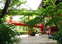 桂岸寺の朱塗りの橋の写真
